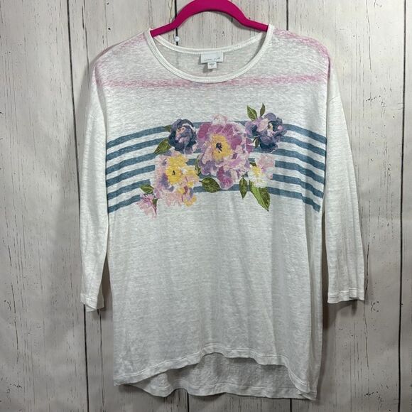 J Jill Love Linen Three Quarter Sleeve Floral White Lightweight Summer Top - Picture 5 of 14